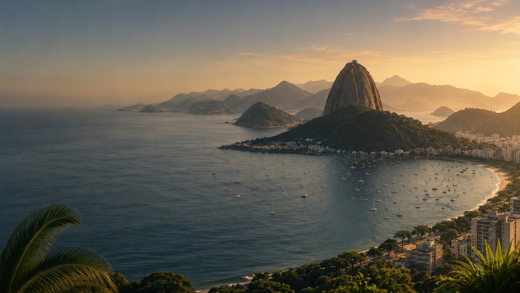 Blick über die Bucht von Botafogo auf den Zuckerhut im Abendlicht, Rio de Janeiro – Leben in Brasilien