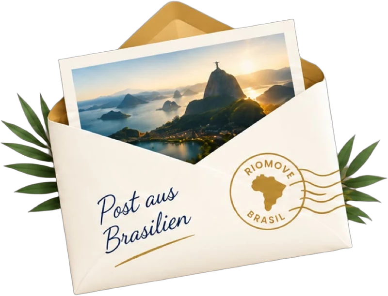 Offener Umschlag mit einer Postkarte aus Rio de Janeiro und dem Poststempel RioMove Brasil